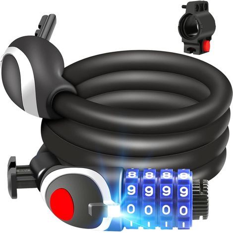 Candado para bicicleta, cable antirrobo de 120 cm x 12 mm para bicicletas, patinetes, motocicletas y portones para bicicletas, con código inteligente de 4 dígitos y soporte para bicicleta, color negro (1/5)