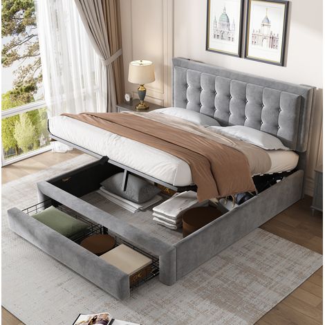 Cama 140x190 en terciopelo gris con somier de láminas, cabecero regulable y 2 cajones HAVRYA (1/5)