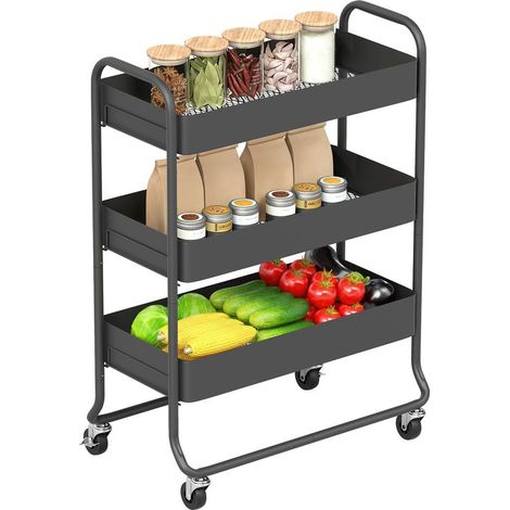 Chariot De Cuisine - 3 Paniers - 4 Roues Avec 2 Roues Verrouillables - Métal Noir - 64,5 X 34 X 87 Cm - 1 Pièce (1/5)
