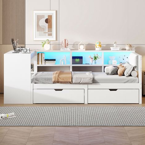 Lit banquette 90x200 cm avec LED USB et 2 tiroirs - Structure MDF et revêtement effet lin - Blanc (1/5)