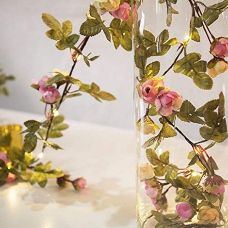 2M 20 LED Fleur Feuille Verte Rotin Guirlande Lumineuses,Fil de cuivre feuille Fée LED Guirlande Lumineuse pour Décoration de Mariage Fête Chambre (Rose) (1/4)