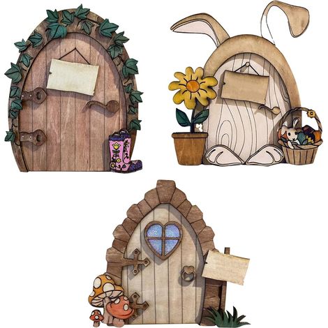 Lot de 3 Porte de Fées et Souris Miniature en Bois Décoration Jardin Extérieure Accessoire Fairy House Porte Petite Souris pour Arbre Mur Cadeau Enfant Anniversaire (1/5)