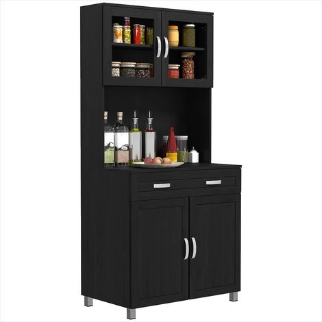 Buffet haut de cuisine noir 80x48x170 cm en panneau de particules avec 4 portes vitrées et tiroir (1/5)