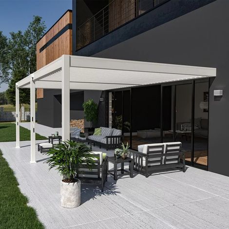 Ombrea – Pergola bioclimatique adossée 4x6M blanche – Aluminium résistant – 2 stores inclus – Surface 24 m² – Hauteur 248 cm – Résistance vent 100 km/h (1/3)