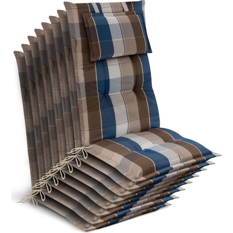 8x Gartenstuhlauflage Hochlehner 120x50x7cm, Braun-Blau-Kariert