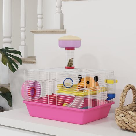 Cage pour hamster avec gamelle d'eau, roue d'exercice, tour d'observation et maisonnette 34x27x25 cm Rose