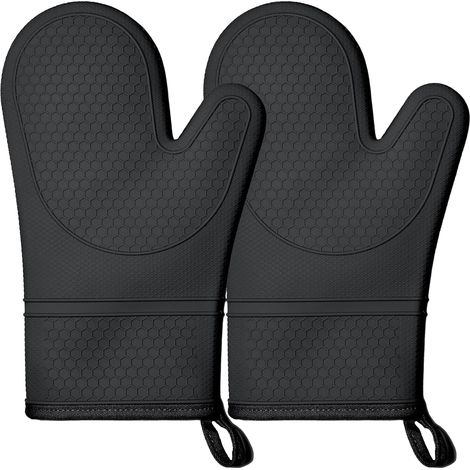 1 Paar Silikon-Küchenhandschuhe, hitzebeständig, wasserdicht, mit gestepptem Baumwollfutter, rutschfesten Griffen, geeignet zum Kochen, Backen und Grillen (schwarz).