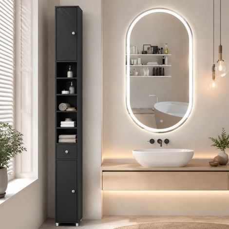 Set moderno per il bagno (2 pezzi) – Mobile da bagno alto e sottile e specchio ovale con illuminazione a LED (1/5)