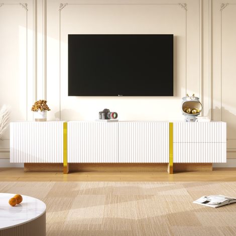 Mueble para la tele de 190 x 35 x 45 cm - Diseño elegante en blanco, dorado y madera natural - 3 puertas con estantes y 2 cajones - Estilo minimalista (1/5)