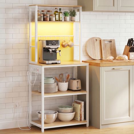 Buffet avec Prises, Étagère Micro-ondes, LED Intégrée, pour Cuisine, 8 Crochets, Étagères Réglables, Jaune et Blanc
