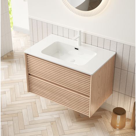 Mobile lavabo sospeso 87x46,5x50 cm in legno bianco/noce FloraGrace (1/5)