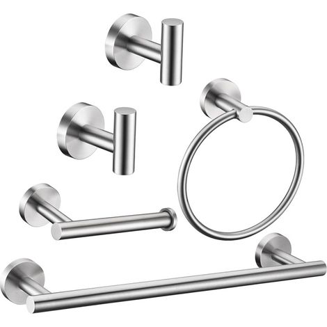 Ensemble d'accessoires pour salle de bain comprenant un anneau porte-serviettes en acier inoxydable, un porte-serviettes et un porte-papier toilette (5 pièces, coloris argent). (1/2)