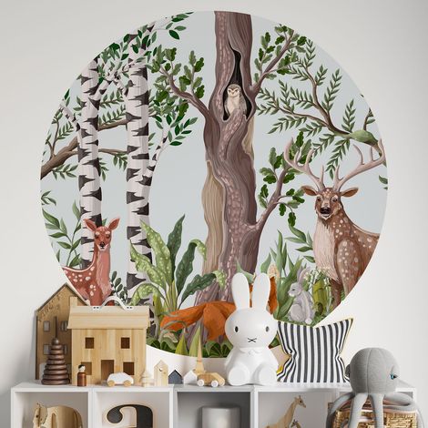 Sticker mural rond / cercle Enfants - Animaux de la Forêt - Diamètre 70 cm - Adhésif + Protection MATE (1/2)