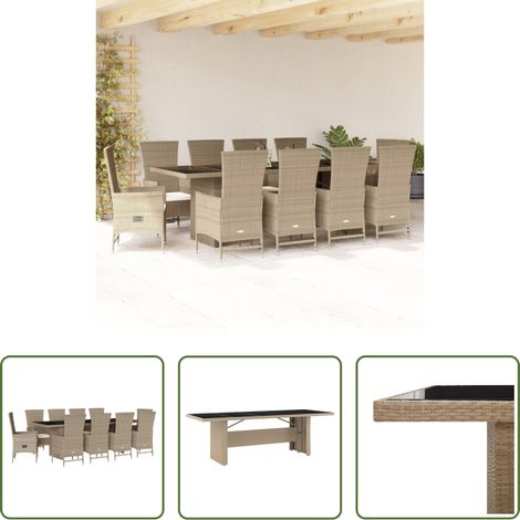 Gartentisch - 11-tlg. Garten-Essgruppe mit Kissen Beige Poly Rattan (1/5)