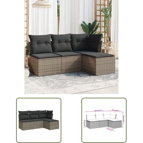 The Living Store Salon de jardin 4 pcs avec coussins gris résine tressée - Canapé De Jardin - Salon De Jardin - Mobilier Extérieur - Résine Tressée - Poly Rotin (1/3)