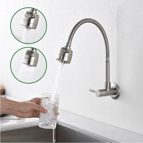 Robinet mural eau froide à ressort en acier inoxydable SUS304 brossé, bec rotatif 360°, 2 jets normal et douchette. (1/5)