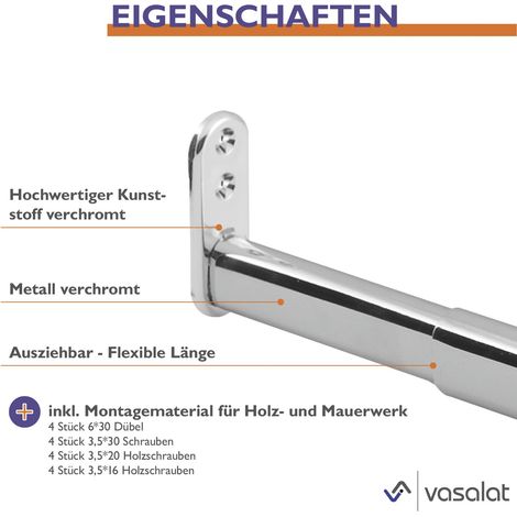 vasalat Kleiderstange ausziehbar 90-110 cm, robust & vielseitig - ausziehbare Kleiderstange, Garderobenstange bis 20kg belastbar