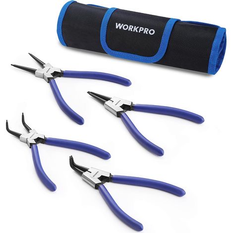 Workpro – Jeu de 4 pinces à circlips 180mm – Pinces internes et externes coudées 90° – Embouts usinés pour bagues de 2.4 à 4.5cm – Rangement en pochette polyester
