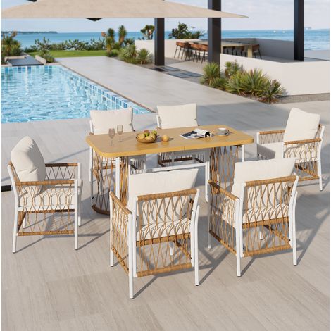 Conjunto de muebles de jardín de hierro y ratán beige, marrón y natural, mesa larga con efecto madera y 6 sillas con cojines (1/5)