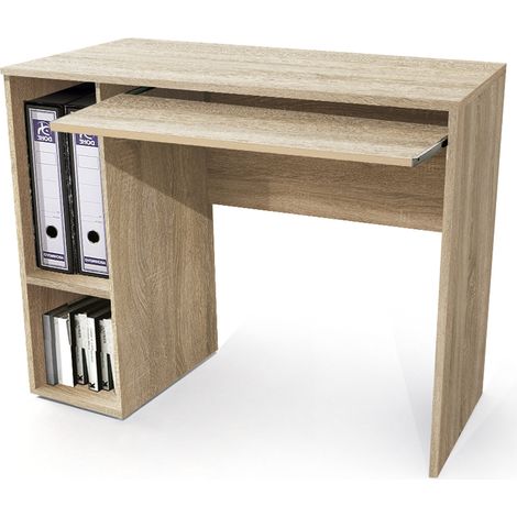 Pegane – Bureau droit en panneaux de particules mélaminés couleur chêne cambrian – Dimensions 90 x 45 cm – 2 niches et tablette intégrées