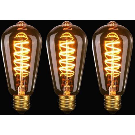 Réduction, Lot de 3 ampoules LED vintage Edison à intensité variable 3 W spirale flexible à filament LED E27 Ampoule à filament LED à vis ST64 rétro style antique lueur chaude 2200 K Ra 90 verre ambr (1/4)
