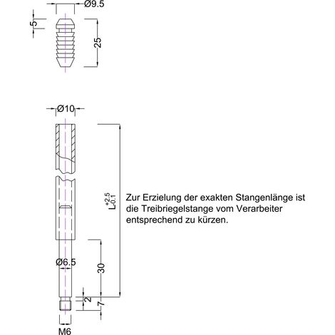 BMH Treibriegelstange 1101, 1500 mm, mit Gleitstopfen für oben, Stahl verzinkt