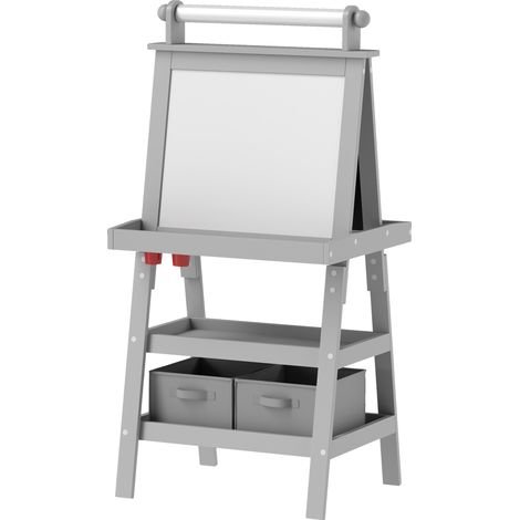 Tableau chevalet enfant 3-en-1 blanc magnétique craie papier 2 paniers 3-6 ans gris (1/5)