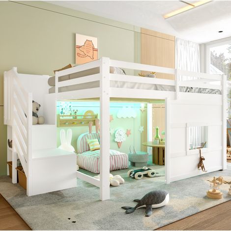Letto a castello 140x200 cm in pino e MDF bianco, con scala contenitore, finestrella e LED integrati (1/5)