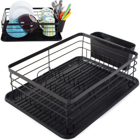 Égouttoir à vaisselle noir, grande capacité, en métal et plastique, avec range-couverts, pour 11 assiettes. (1/5)