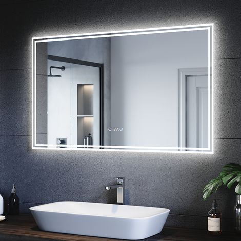 SONNI Specchio Bagno Retroilluminato con Luce e Bluetooth Versione 5.0 120x70 cm,Display per Orologio e Temperatura,Double Touch con Funzione Antiappannamento,Luce Bianca (1/5)
