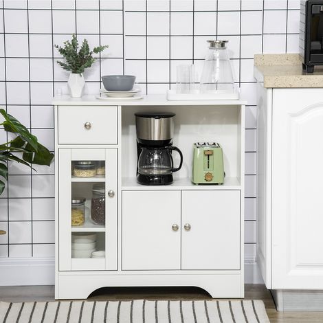 Modernes Küchen-Sideboard mit Glastür, Schublade, großem Fach und verstellbaren Einlegeböden, 80 x 30 x 82 cm, weiß