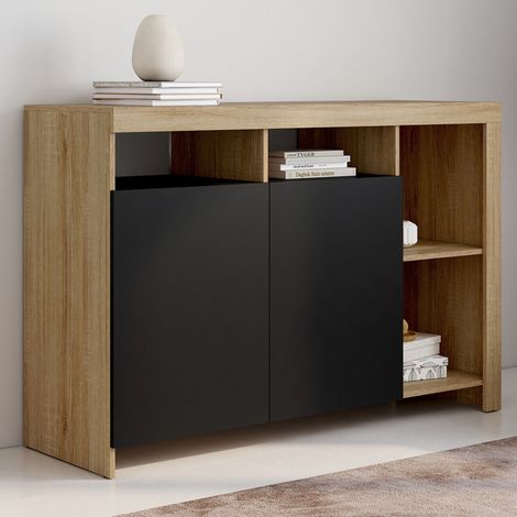 Aparador MALO 110 cm en madera efecto haya con puertas negras