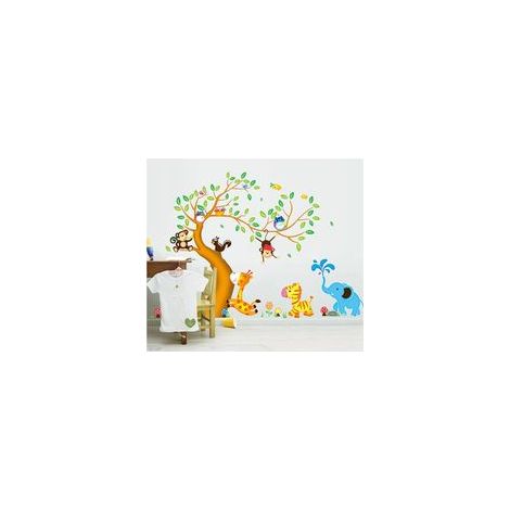 Adesivi murali decorativi raffiguranti un allegro albero di animali con un gufo, una scimmia, una zebra e una giraffa, perfetti per la cameretta di un bambino o per la stanza dei giochi. Adesivi mural