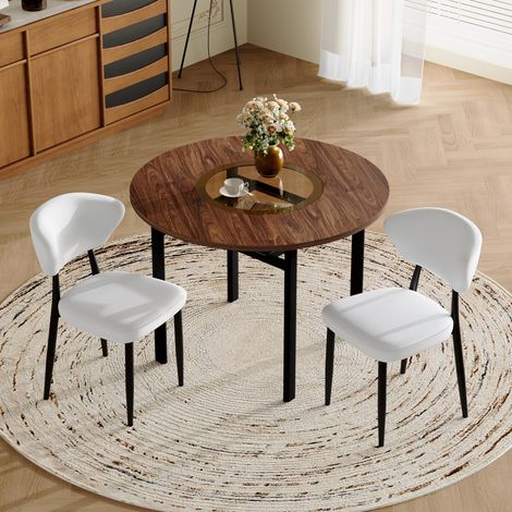 Ensemble table ronde 4 à 6 personnes, plateau Ø100 cm effet bois avec insert en verre, 2 chaises blanches en cuir régénéré, style moderne - CHICFURN (1/5)