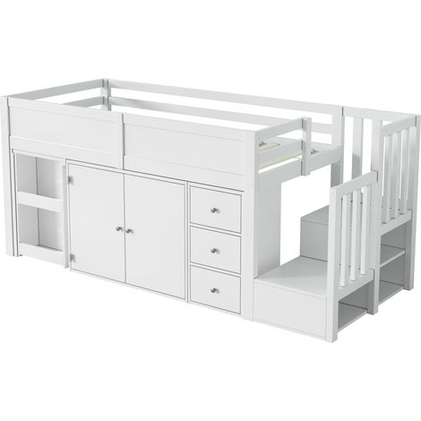 Cama alta infantil multifunción blanca 90 x 200 cm con escritorio, almacenaje y escalera - HOMVRA (1/5)