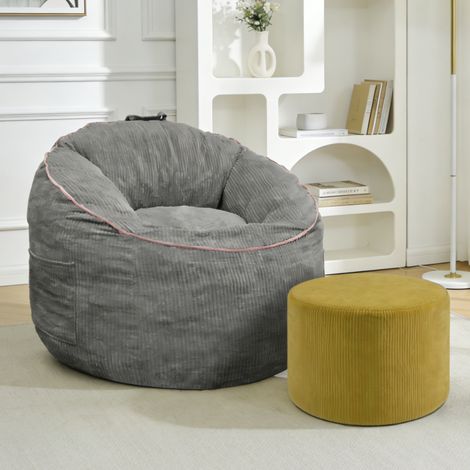 Fauteuil poire avec ottoman gris en flanelle avec poche latérale et assise ergonomique (1/4)