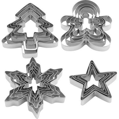 Set di 20 formine per biscotti natalizie, in acciaio inossidabile, disponibili in quattro forme: albero di Natale, pupazzo di neve, fiore e stella. (1/5)