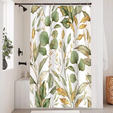 1 Rideau Douche, 120x200cm, Polyester Imperméable, Motif Eucalyptus, Avec 8 Crochets, Pour Salle De Bain