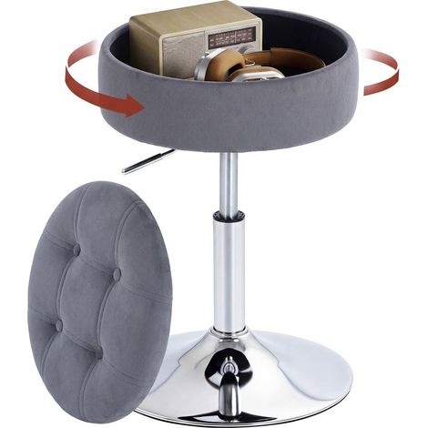 Stool of hall in velvet, pivot and with storage, height adjustable of 49 to 65 cm, gray (1/5)