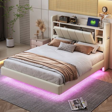MEUBLIV Bettgestell 140x200 cm Beige – mit LED, USB und Stauraum, ohne Matratze (1/5)