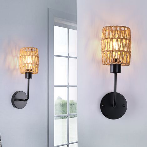 Ganeed Farmhouse Rattan Dimmable Wall Lamp, for Patio, Living Room, and Bedroom (Bulb Not Included) - Set of 2 (Beige) (1/5)