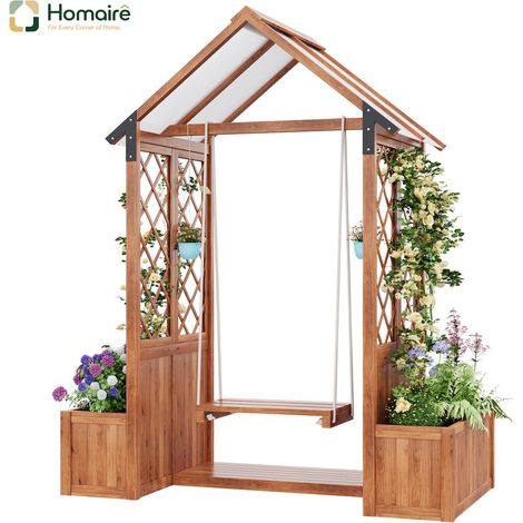 HOMAIRE Pflanzkübel Outdoor-Schaukel mit Spalier Kletterhilfe Sonnendach Polycarbonat Blumenkasten Massivholz Braun für Garten Hof Terrasse