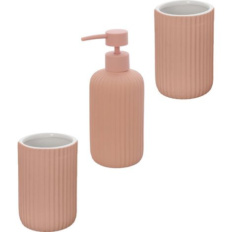 Set accessori bagno in ceramica rosa con dispenser sapone e due portaspazzolini Spring (1/5)