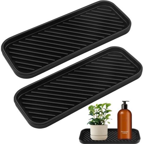 longziming - Lot de 2 tapis de vaisselle en silicone – Ronds, souples et antidérapants, à lattes, pour évier, organiseur pour éponge, brosse et savon, format compact 23 x 9 cm, noir (1/5)