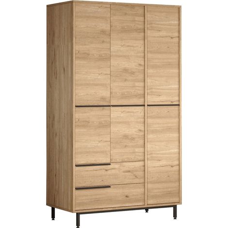 Guardaroba 3 Ante Oricola, Armadio Camera da Letto 5 Ripiani, 2 Cassetti, Appendiabiti, 112x55 cm Marrone Rovere
