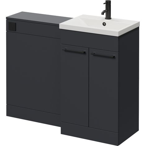 Napoli 390 Cento Gloss Grey 1100mm 2 Door Vanity Unit Toilet Suite with Glide Basin - 1100mm - Matt Black 160mm HandleWithout Kingston Toilet Pan