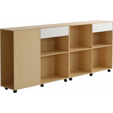Mobile Contenitore con Vani Aperti e 2 Moduli con Ruote, Stile Moderno, in MDF e Truciolare, 222×34×95 cm, Bianco e Rovere Chiaro (1/5)