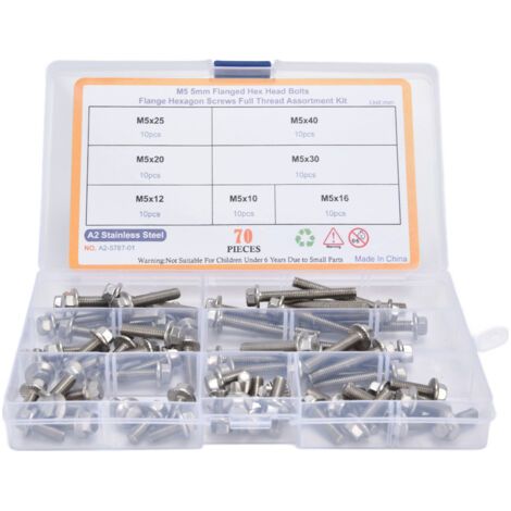 Kit de 70 pièces boulons M5 à tête hexagonale fraisée, vis à embase en acier inoxydable, assortiment de fixations. (1/5)