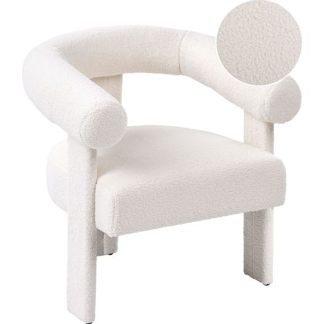 Fauteuil Retro en Bouclé Pieds Rembourrés Meuble de Salon Blanc Cassé Ilbro