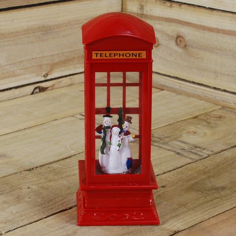 27cm Dual Power LED Christmas Glitter Water Spinner Red Phone Box Snowman Scene (1/5)